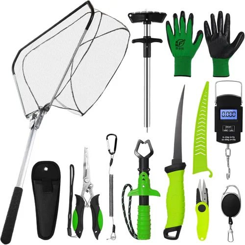 Vista 9 de RoundFunny Kit de herramientas de pesca de 10 piezas, alicates de pesca con cordón y fundas protectoras, salabre, cuchillo de filete, balanza