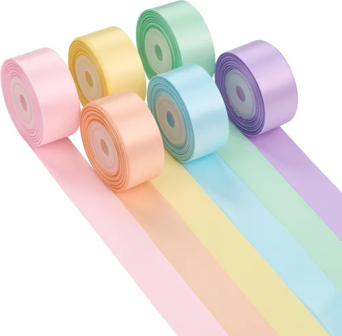 Vista 23 de Cinta de satén arco iris multicolor de 3/8 pulgadas, surtido de 6 rollos de cinta delgada de arco iris para envolver, tarjeta de invitación, Arco