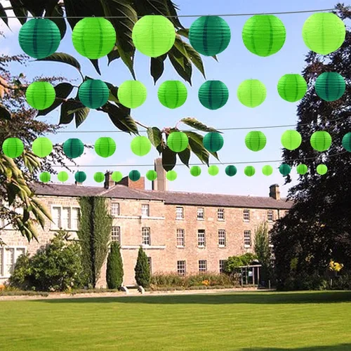 Vista 4 de Faroles decorativos de papel verde, 12 faroles de papel colgantes para aula, baby shower, día de San Patricio, graduación, boda, temática de selva