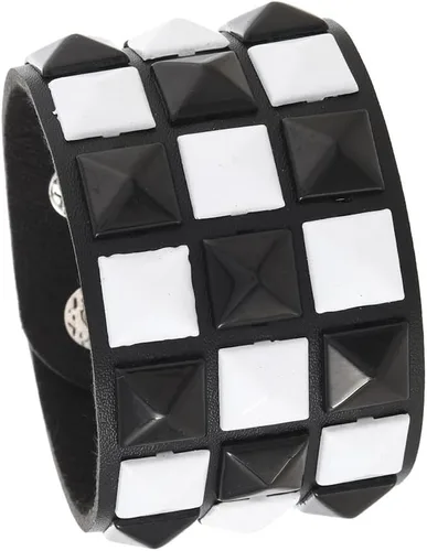 Vista 4 de coadipress Pulsera de cuero punk con tachuelas para hombres y mujeres, 3 filas, punk, rock, negro, blanco, brazalete de motociclista, pulsera