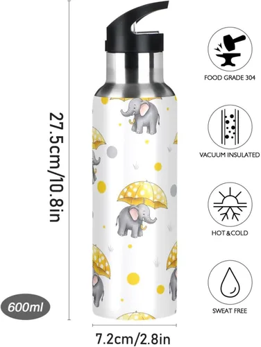 Vista 9 de Stainless Steel Water Bottle 20 Oz, BPA-Free Sports Water Bottle for Gym Outdoor Travel School, Cute Elephants Yellow Umbrellas