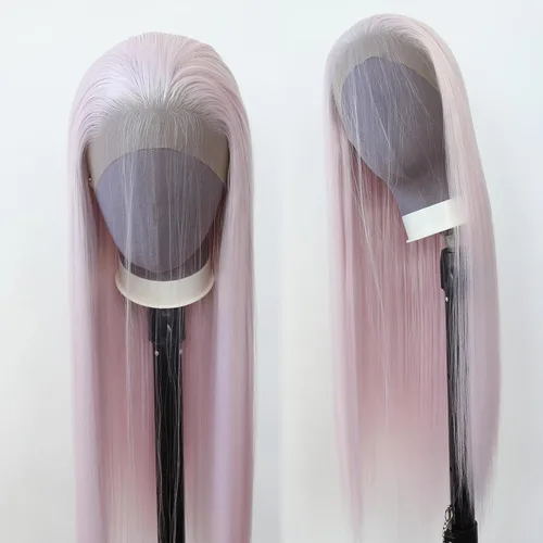 Vista 10 de 99J Peluca larga y lisa 99J color borgoña sintética con encaje frontal, predesfilada con línea de cabello natural para mujeres de moda, cabello