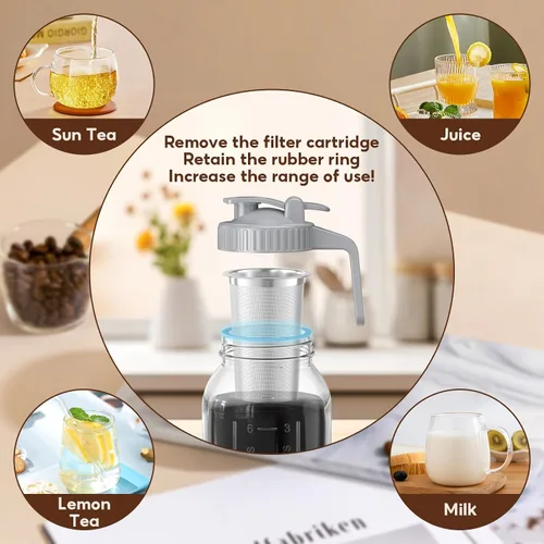Vista 7 de Paquete de 2 tarros de café frío de 64 onzas, máquina de café frío de vidrio grueso con asa, filtro de acero inoxidable y tapa a prueba de fugas