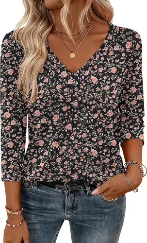 Vista 10 de Zeagoo Camisetas de manga 3/4 para mujer, cuello en V, blusa casual elegante, camisetas básicas 2026, ropa de moda S-2XL