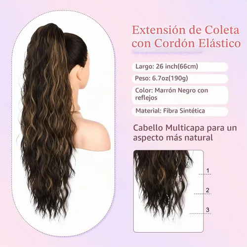 Vista 2 de HOOJIH Extensión de cola de caballo, extensiones de cabello con cordón para cola de caballo de 26 pulgadas de largo, pelo rizado y ondulado natural