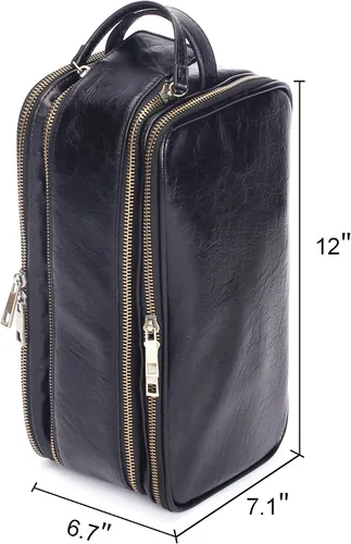 Vista 4 de Neceser de cuero personalizado para hombre, kit de afeitado de viaje, bolsa de cosméticos grande, organizador de baño, Negro