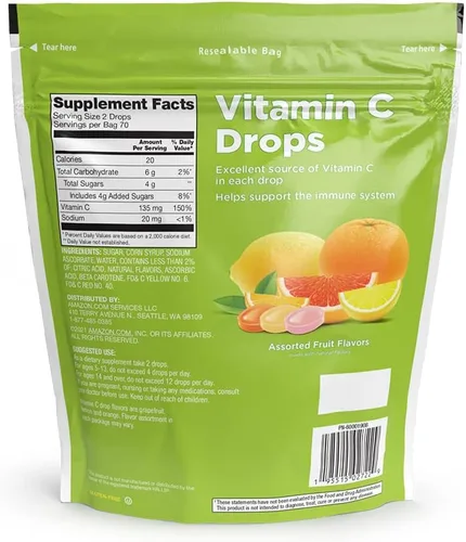 Vista 2 de Amazon Basic Care Gotas de suplemento de vitamina C, limón, naranja y pomelo, 140 unidades (anteriormente SoundHealth)
