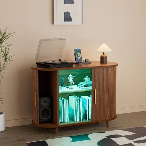 Vista 4 de Soporte para tocadiscos de vinilo con luces LED y estación de carga, soporte grande para discos con puerta corrediza para tocadiscos, altavoces