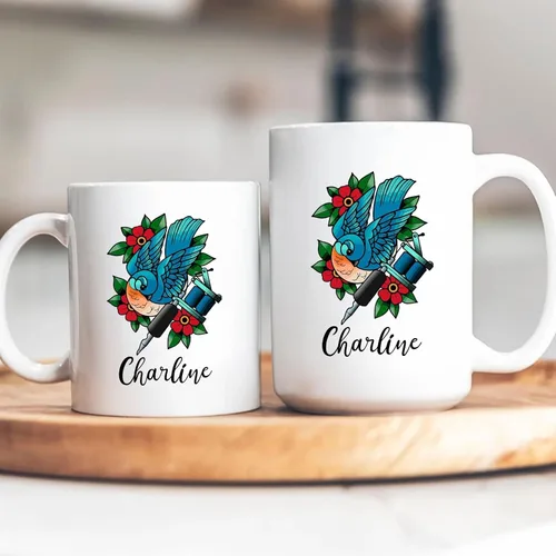 Vista 6 de Taza de artista de tatuaje floral, taza de café personalizada para tatuajes, taza de tatuaje personalizada con nombre regalo para amantes