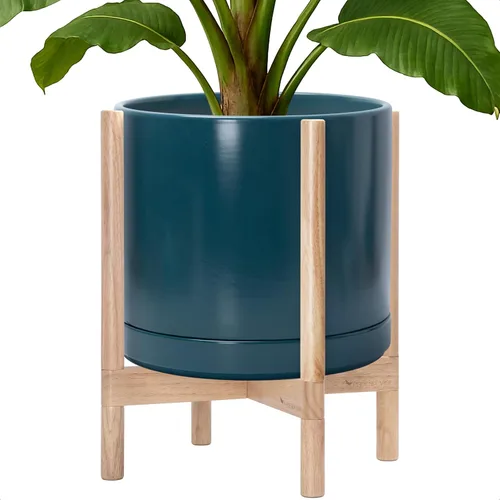 Vista 32 de D'vine Dev Maceta de cerámica con soporte de ébano – Maceta redonda moderna de 8 pulgadas con soporte para maceta de madera, color negro, 55-B-M-2