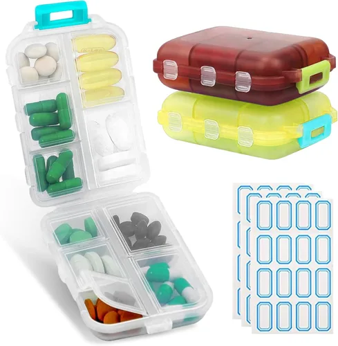 Vista 21 de Organizador de pastillas de viaje portátil, estuche pequeño para bolsillo, pastillero para bolso, organizador de medicinas con 10 compartimentos