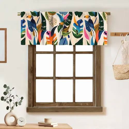Vista 14 de Cortina de cenefa de hojas verdes tropicales, diseño de hojas de palmera, cenefa con bolsillo para barra, 1 panel, cortinas cortas para cocina