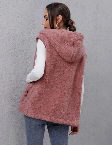 Vista 6 de TFSDOD Chaleco de forro polar sherpa para mujer, acogedor, sin mangas, con bolsillo, chaleco con capucha y cremallera para mujer