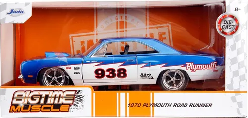 Vista 8 de Jada Big Time Muscle 1:24 1970 Plymouth Roadrunner - Auto fundido a presión, juguetes para niños y adultos (azul caramelo/blanco)