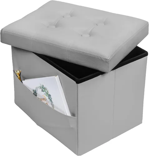 Vista 23 de Bsketa Otomana de Almacenamiento, Taburete Plegable con Asiento Acolchado de Espuma Más Gruesa, Otomana Pequeña de Cuero para Almacenamiento, Banco