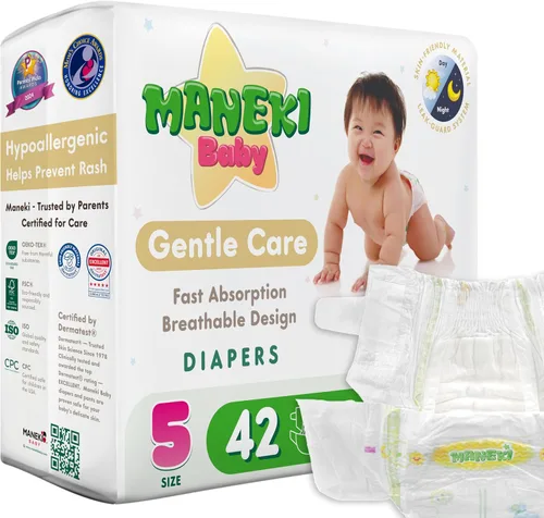 Vista 13 de MANEKI - Pañales para bebé, talla 2 (9-18 libras), 66 unidades, hipoalergénicos, sin fragancia y transpirables, protección contra fugas de hasta 12