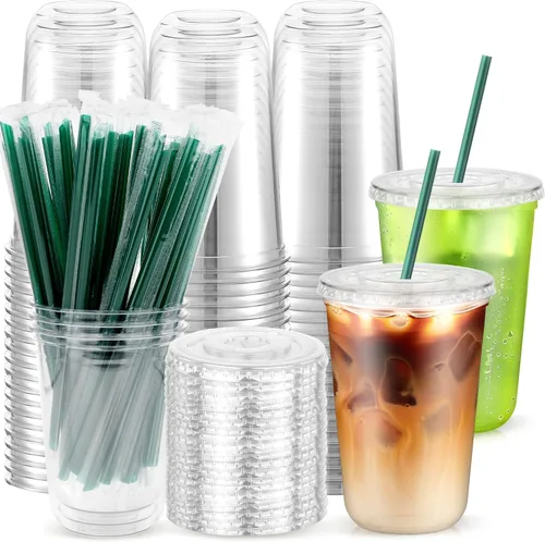 Vista 10 de 50PCS 14 oz Clear Plastic Cups with Lids and Dark Green Straws Transparente