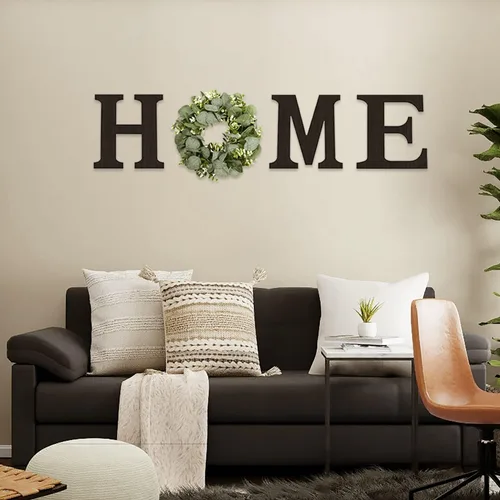 Vista 8 de Cartel colgante de madera con letras en inglés «HOME» (Hogar) con corona de eucalipto artificial para la letra «O», decoración de pared estilo Negro