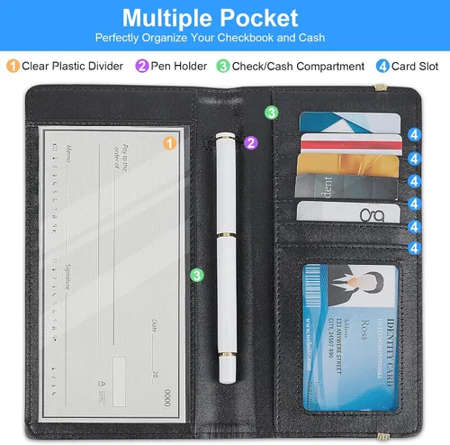 Vista 2 de Funda de chequera para chequera personal, funda de registro RFID con soporte para bolígrafo y divisor de plástico transparente integrado