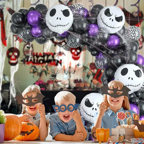 Vista 4 de Kit de guirnalda de arco de globos para decoración de Halloween, 101 piezas de globos de látex de confeti morado metálico y negro mate, con globos