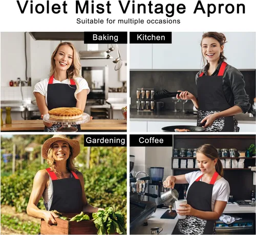 Vista 5 de Violet Mist Delantales coquetos de encaje negro para mujer con bolsillo, delantales negros sexys para cocinar, delantal para mujeres y niñas