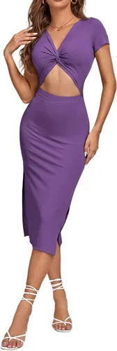 Vista 6 de LYANER Vestido midi de punto de manga corta con cuello en V y corte frontal para mujer