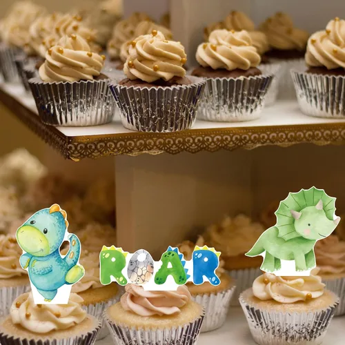 Vista 8 de Decoración de dinosaurio para baby shower, 48 piezas de decoración de cupcakes de dinosaurio para decoración de fiesta de cumpleaños de dinosaurio