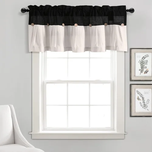 Vista 16 de Lush Decor - Cenefa para cortina con botones de lino estilo granja, 52 pulgadas de ancho x 18 pulgadas de largo, negro y blanco - Valances