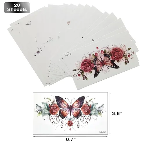 Vista 6 de Tatuajes temporales de flores sexys, mariposas, 20 hojas grandes, flores rojas, encaje, ombligo, busto, estómago, glúteos, piernas, brazos, parte