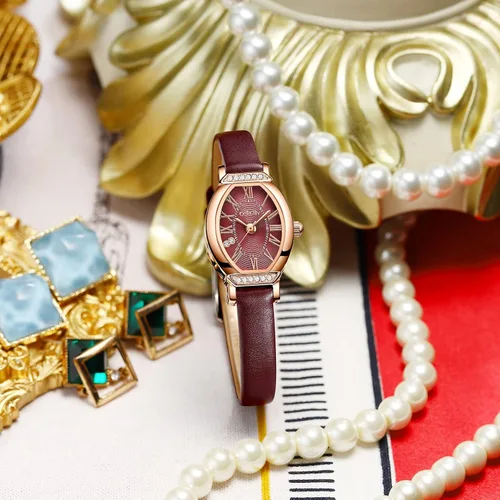 Vista 5 de Reloj de pulsera delicado de cuero ovalado para mujer, negrooro rosa, CK013, 0.787 x 1.063 in