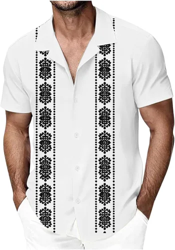 Vista 8 de Camisa de guayabera cubana para hombre, de manga corta, con botones, para playa, boda, casual, vacaciones, camisa hawaiana