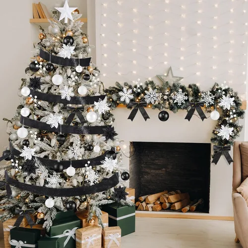 Vista 5 de Poen Juego de 108 adornos para árbol de Navidad, incluye bolas para árbol navideño, flor de pascua con purpurina, lazos, bayas, tallos, hojas, copos