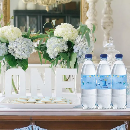 Vista 6 de 32 etiquetas azules para botellas de agua de primer cumpleaños, globos azules con purpurina para cumpleaños de un año, etiquetas para botellas