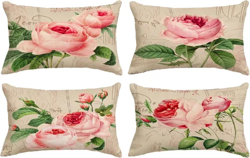Vista 16 de YeeJu Juego de 4 fundas de almohada de color rosa de 12 x 12 pulgadas, fundas de cojín decorativas con diseño floral vintage, fundas de almohada