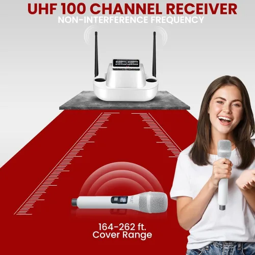Vista 5 de Pyle Sistema de micrófono inalámbrico UHF con micrófonos de mano duales, recargable por USB, receptor de frecuencia fija Bluetooth, audio DSP