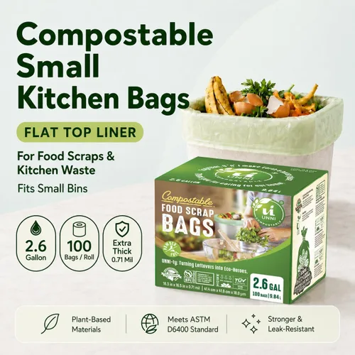 Vista 2 de Bolsas de basura compostables UNNI, 2.6 galones / 9.84 litros, 100 unidades, extra gruesas de 0.71 mil, forros para contenedores pequeños de restos