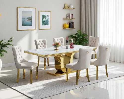 Vista 76 de Juego de mesa de comedor de mármol sintético, 7 piezas, juego de mesa de cocina y comedor para 6, mesa de comedor rectangular blanca de 70 pulgadas