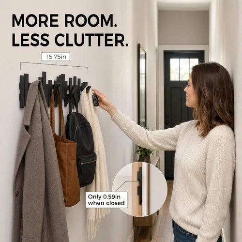 Vista 5 de MinBoo Perchero de Bambú con Múltiples Ganchos - Ganchos Decorativos para Pared Modernos, Únicos, que Ahorran Espacio, Perchero con 4 Ganchos Negro