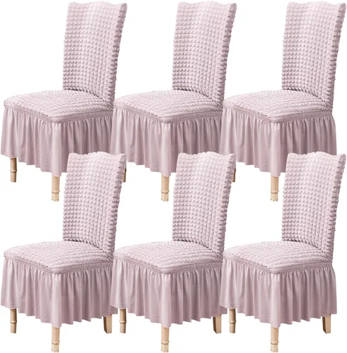 Vista 11 de Qubjus Juego de 2 fundas elásticas para sillas de comedor con falda, extraíbles y lavables, para sillas de cocina, juego de fundas protectoras