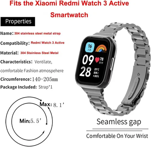 Vista 6 de Compatible con Xiaomi Redmi Watch 3 Active Bands, correa de repuesto de metal de acero inoxidable para reloj inteligente Redmi Watch 3 Active