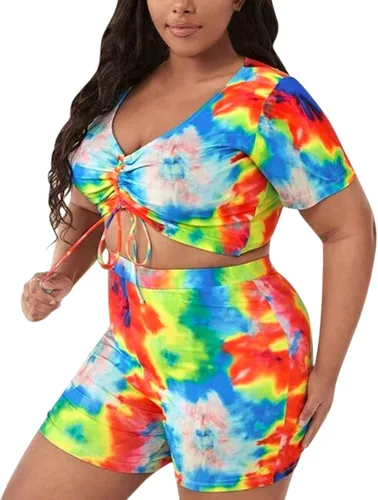 Vista 2 de Traje de baño tankini de dos piezas para mujer, sexy, fruncido en la parte delantera, manga corta, con pantalones cortos, traje de baño para verano