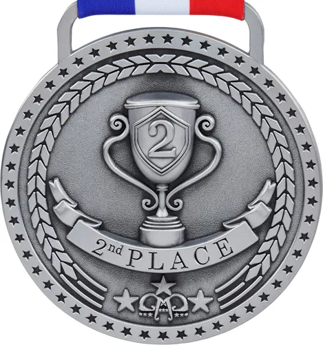 Vista 10 de Medallas de bronce dorado y plateado para premios de trofeo del 1er 2º y 3er lugar, acabado brillante o antiguo con cinta de satén roja, blanca