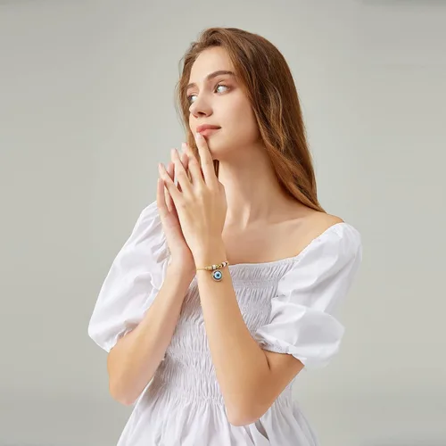 Vista 4 de Pulseras de mal de ojo chapado en oro de 18 quilates, ajustable, pulsera de ojo turco de oro para protección, pulsera de plata de mal de ojo Dorado