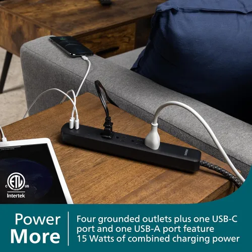 Vista 2 de Philips Protector de sobretensiones de 4 tomas, cable trenzado de 4 pies, 1 USB-C, 1 USB-A, cable de extensión, tira de alimentación, para el hogar