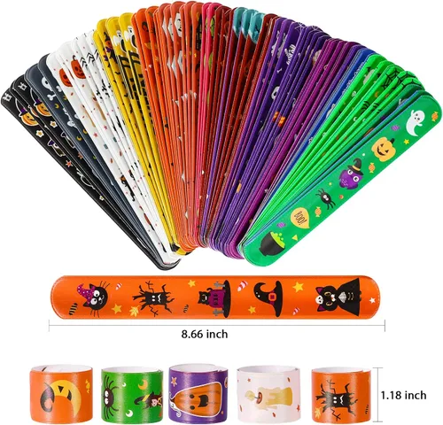 Vista 3 de MGparty 72 pulseras de Halloween Slap 24 diseños temáticos de Halloween, araña, calabaza, fantasma, zombi, murciélago, brujas, pulseras a presión
