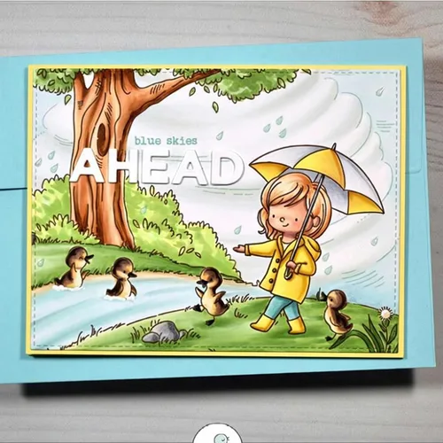 Vista 4 de Rainy Girl - Juego de sellos y troqueles transparentes para hacer tarjetas, plantillas cortadas para álbumes de recortes, álbum de fotos, papel