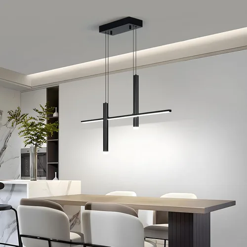 Vista 2 de Moderna lámpara colgante lineal LED con focos duales, regulable, 6000 K, luces colgantes de isla de cocina, candelabros negros chapados en isla
