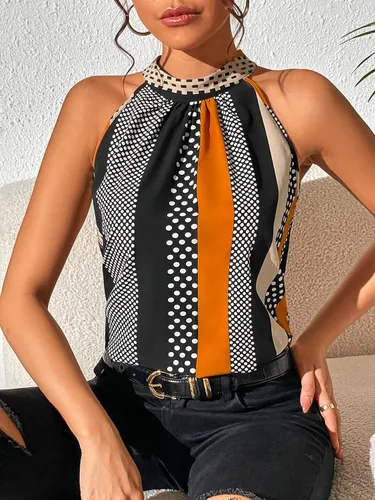 Vista 4 de SOLY HUX Blusas de verano para mujer, con cuello halter, diseño de lunares, a rayas, informal, sin mangas