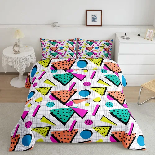 Vista 12 de Juego de edredón de estilo retro de los años 80, juego de ropa de cama de patrón geométrico abstracto, diseño urbano moderno con círculos