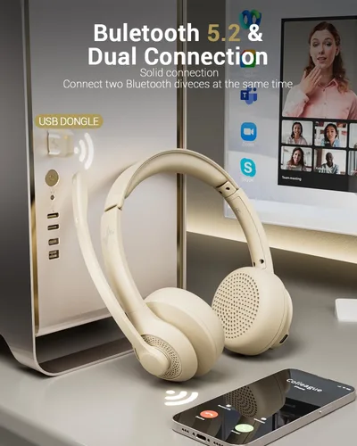 Vista 2 de JIAMQISHI Auriculares de oficina Bluetooth V5.2 en color albaricoque, auriculares inalámbricos con micrófono de reducción de ruido, receptor USB